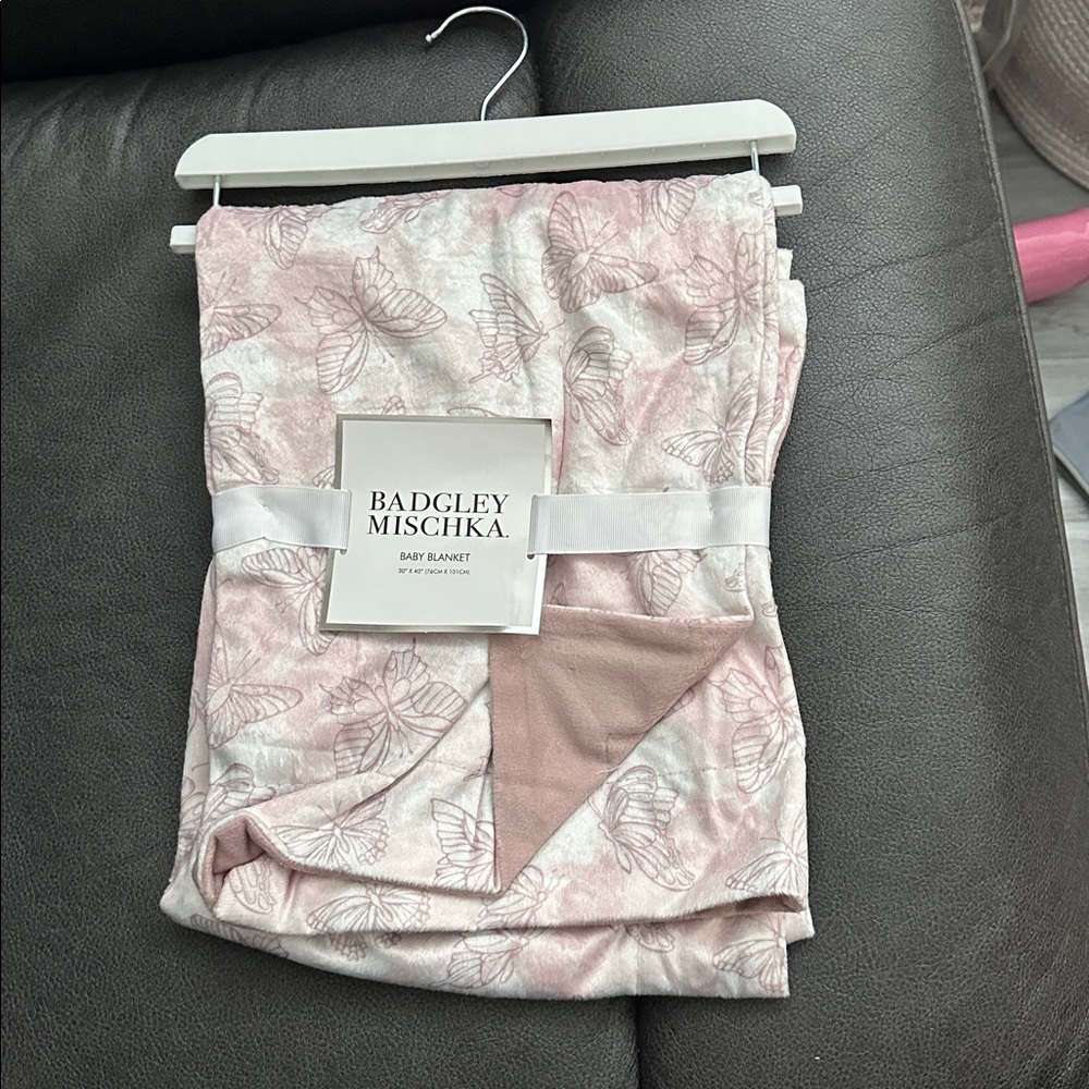 Badgley Mischka Pink and White Butterfly Blanket